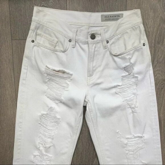 All Saints White Jeans Ivy Destroy Boy Distressed Straight Leg Denim high rise - Picture 8 of 16